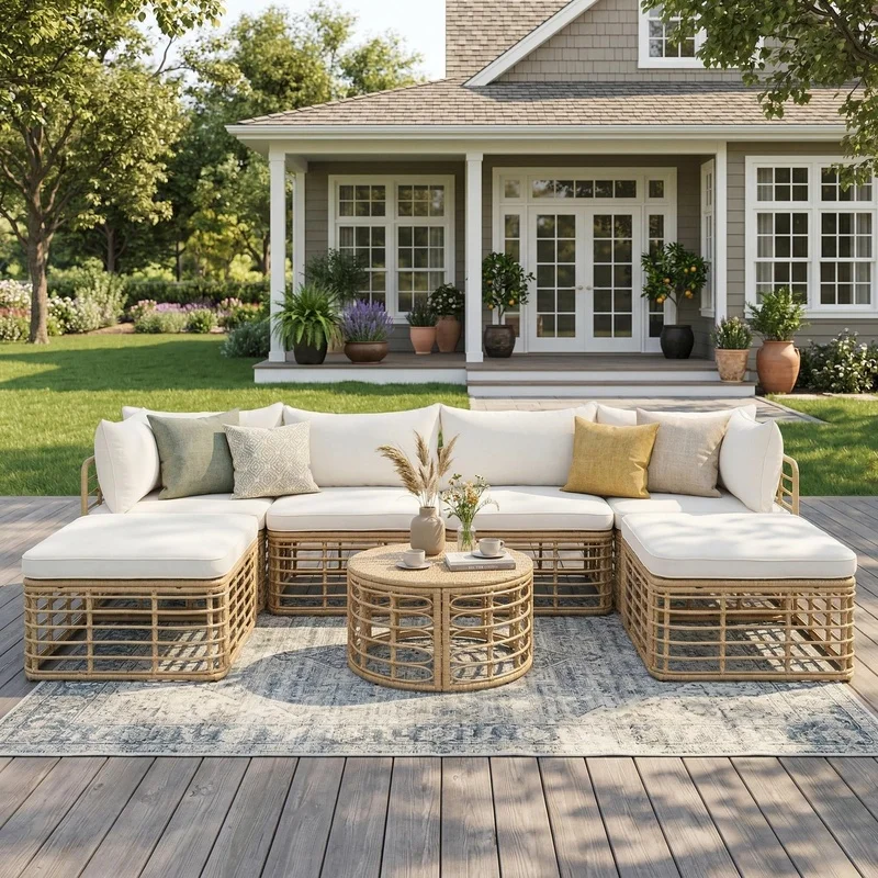 

7-Piece Outdoor Patio Furniture Set, All-Weather Rattan Sectional Sofa with Thick Cushions, Beige, Freely Configurable for Garden, Backyard, Balcony
