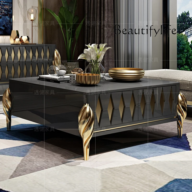 

Light luxury post-modern stainless steel rectangular square coffee table living room TV cabinet combination marble furniture