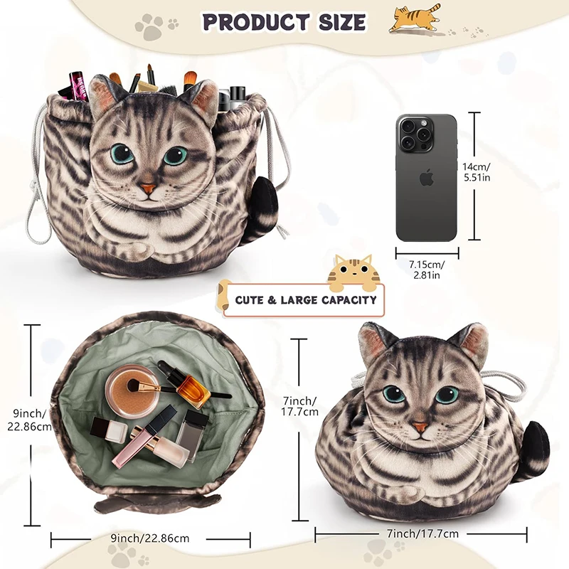 Cute Cat Makeup Bag Drawstring Closure 3D Cat Head Design Flat Cosmetic Pouch Gift for Women Cat Lovers Travel Organizer Bag