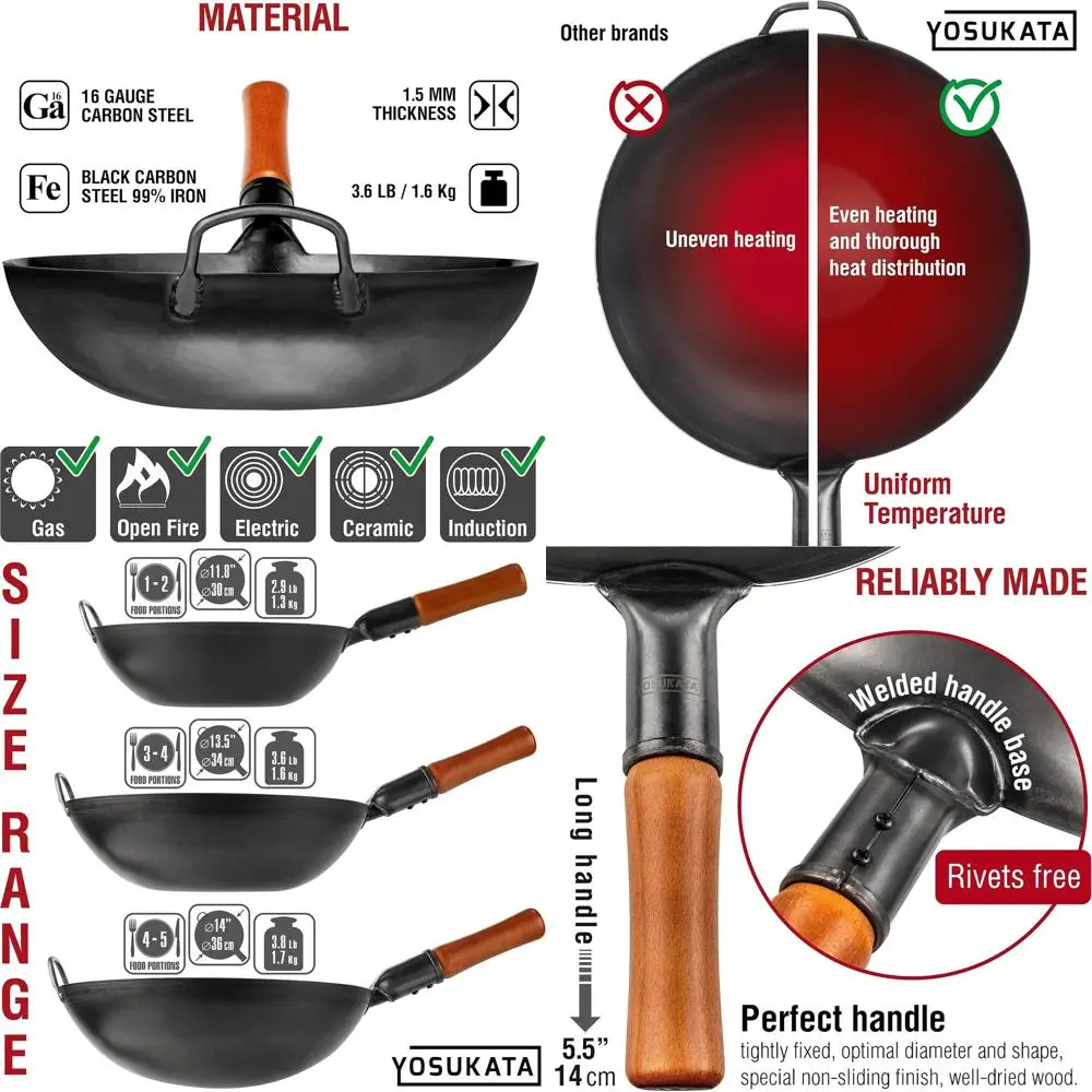 

Pre-Seasoned 13.5 Carbon Steel Wok with Flat Bottom for Stir Fry, BBQ, Grilling, and Camping - Multi-Fuel Compatible Cookware