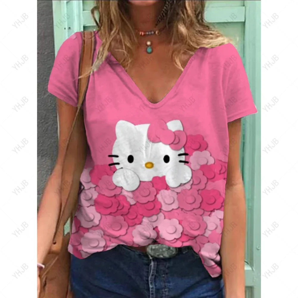 

Women 2025 T-shirts Fashion Distinctive Comfortable Pocket Hello Kitty V Neck Woman Cute Clothes Tops T-shirt