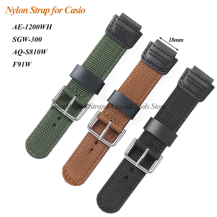 Nylon Bracelet for Casio AE-1200WH/SGW-300/AQ-S810W/F91W 18mm Convex Canvas Strap for Men Women Sport Watch Band Replacement