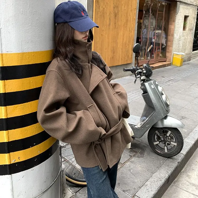 

2025 Women's Euro-American Belted Wool Coat Fall Winter Khaki Casual Notched Collar Trench Style Overcoat Fashion