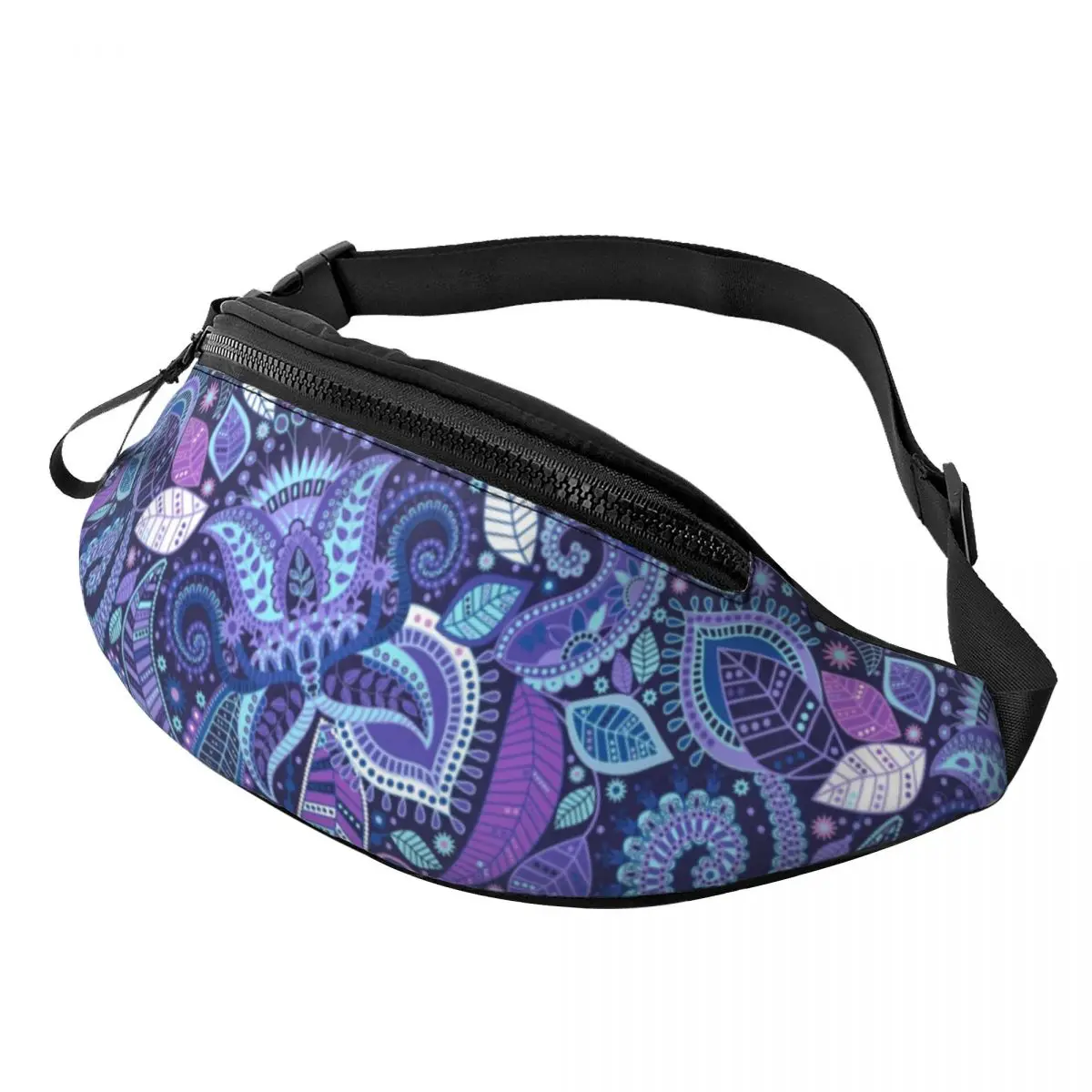 Riñonera con estampado de cachemir para hombre y mujer, bolso de cintura cruzado con flores personalizadas, arte Floral, bolsa de dinero para teléfono, viaje y senderismo, azul y morado