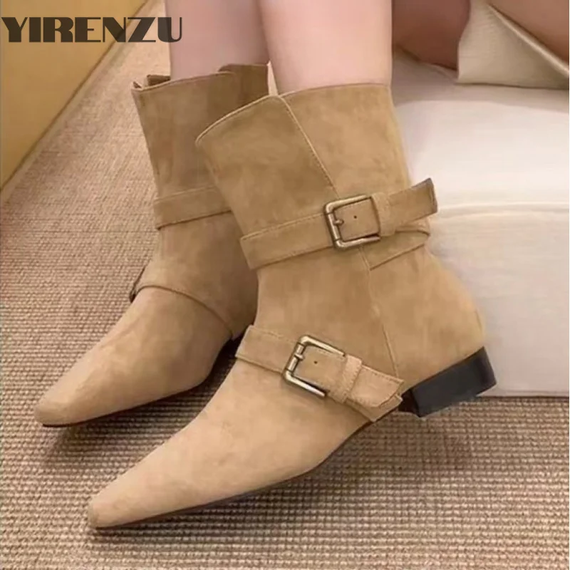 new fashion design khaki suede leather buckle strap pointed toe boss boots punk style goth square heel women shoes