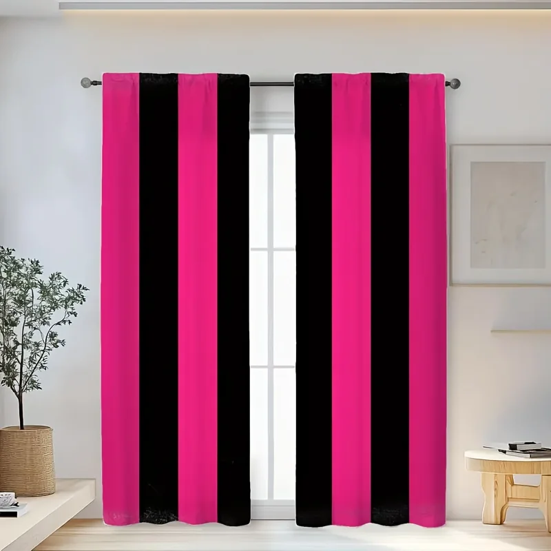 Modern Contrast Curtains 2pcs – Vibrant Pink and Black Vertical Stripes, Stylish Window Treatment for Home and Party Rooms