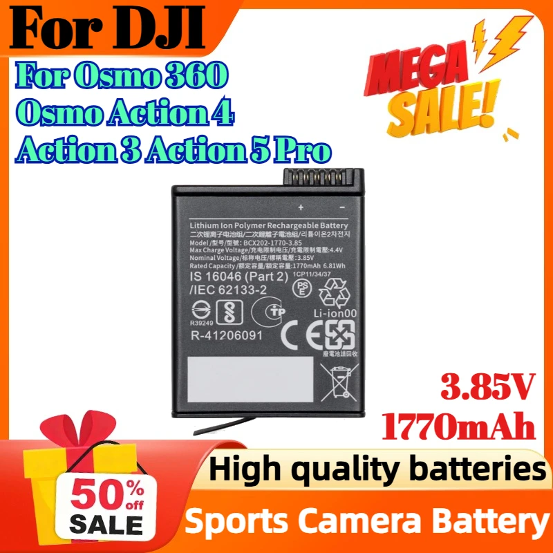 

Сменный цифровой аккумулятор 3,85 В, 1770 мАч для DJI Osmo 360 Osmo Action 4 Action 3 Action 5 Pro, аккумулятор для спортивной камеры