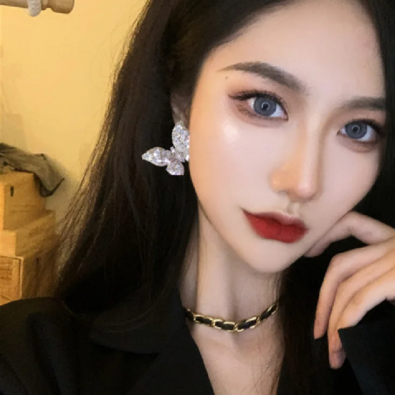 Premium design butterfly full diamond earrings women's light luxury flash diamond crystal stud earrings bridal banquet S925 silv