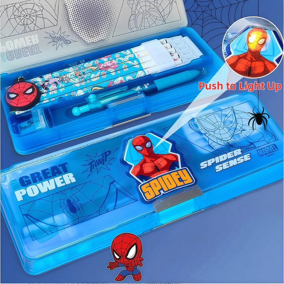 Estuche Magnético Luminoso de Spider-Man de Marvel con Gran Capacidad y Almacenamiento Dividido para Material Escolar, Incluye Borrador y Sacapuntas