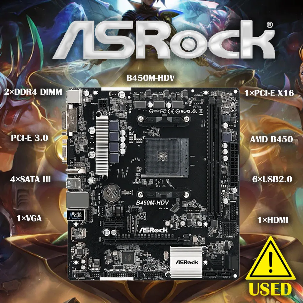 Asrock B450M-HDV Motherboard 32G DDR4 AMD B450 Socket AM4 VGA HDMI DVI USB2.0 3.0