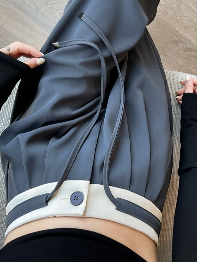 بنطلون واسع الساق بخصر مرتفع للنساء، تصميم فريد بألوان متباينة مع رباط خصر، بنطلون كاجوال مستقيم الساق لفصلي الربيع والخريف