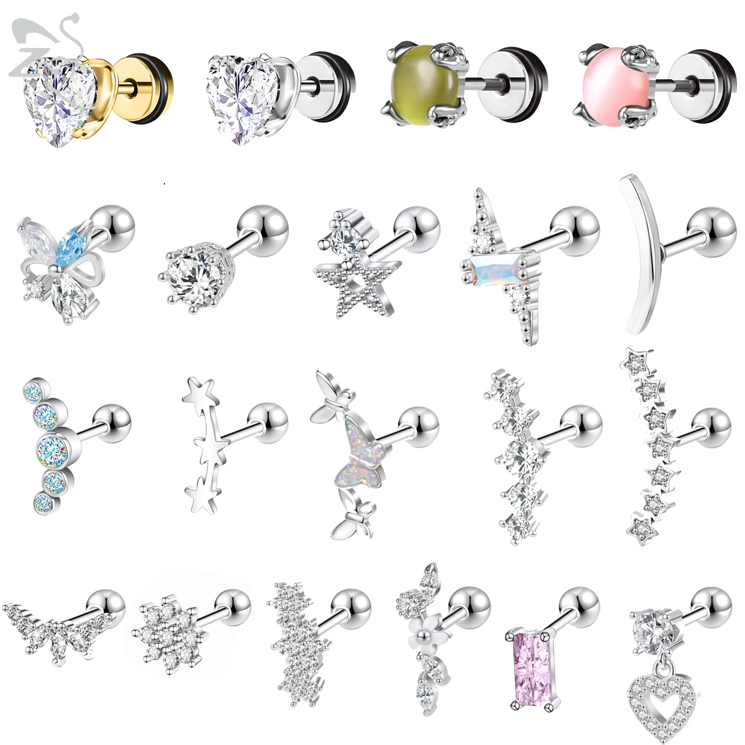 

ZS 1PC 18G Crystal Stud Earrings Butterfly Star Ear Stud Stainless Steel Cartilage Earrings for Women Tiny Conch Helix Piercing