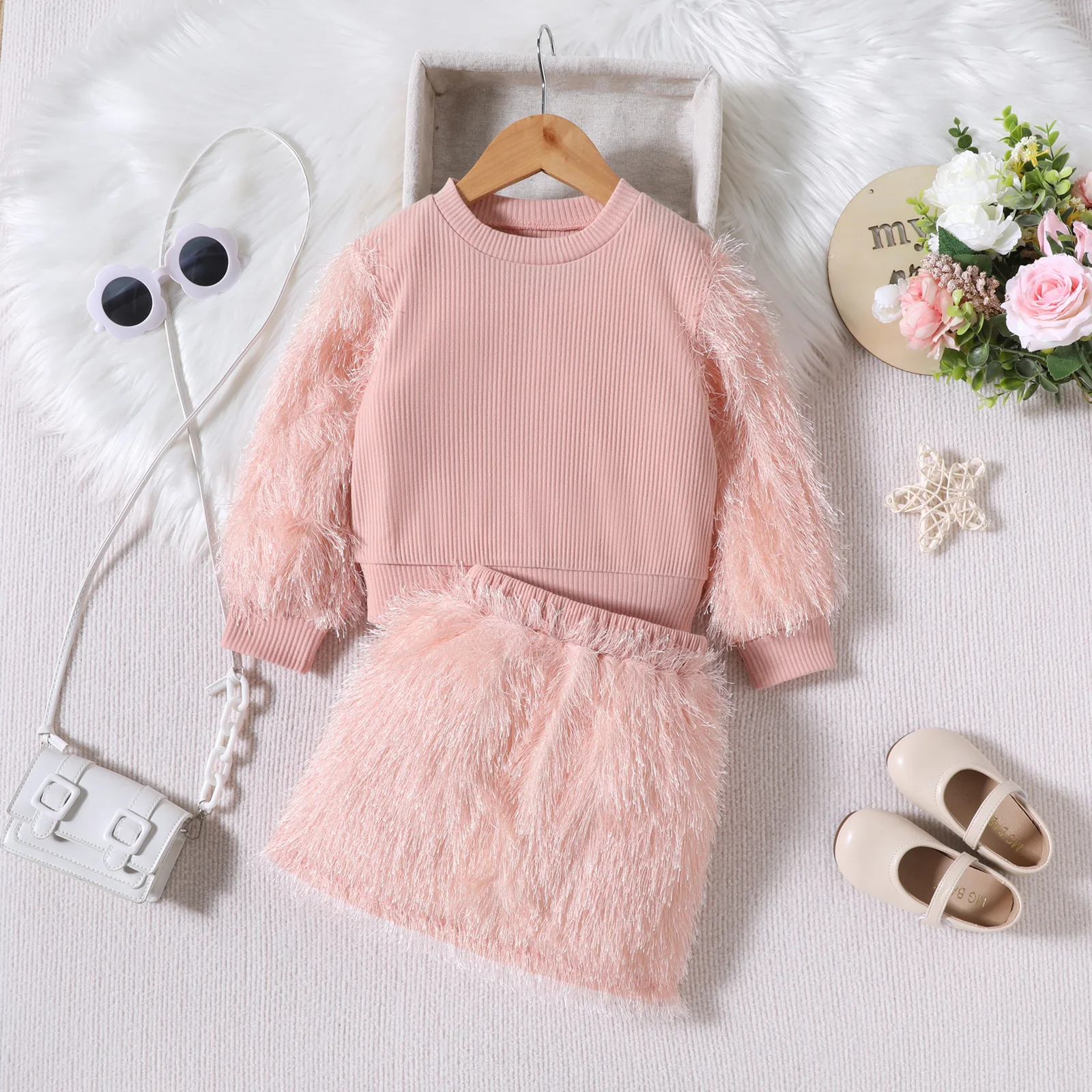 Europe and the United States autumn and winter girls dress set solid color hair long sleeve round neck blouse short skirt