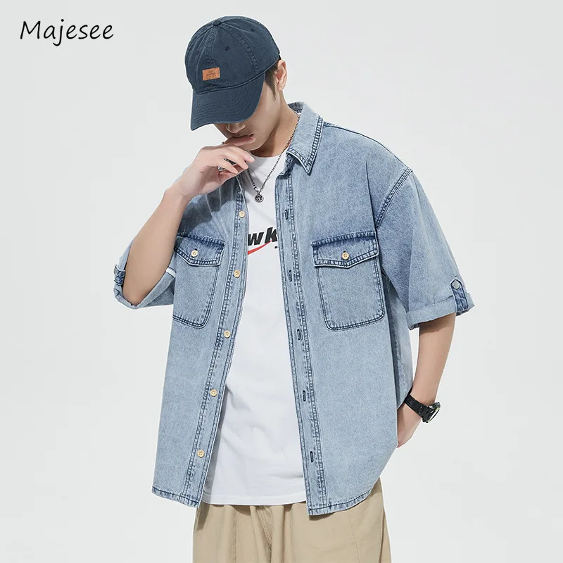 

Shirts Men Summer Breathable Pockets All-match Vintage Turn-down Collar Korean Style Fashion Loose Single Breasted Youthful New