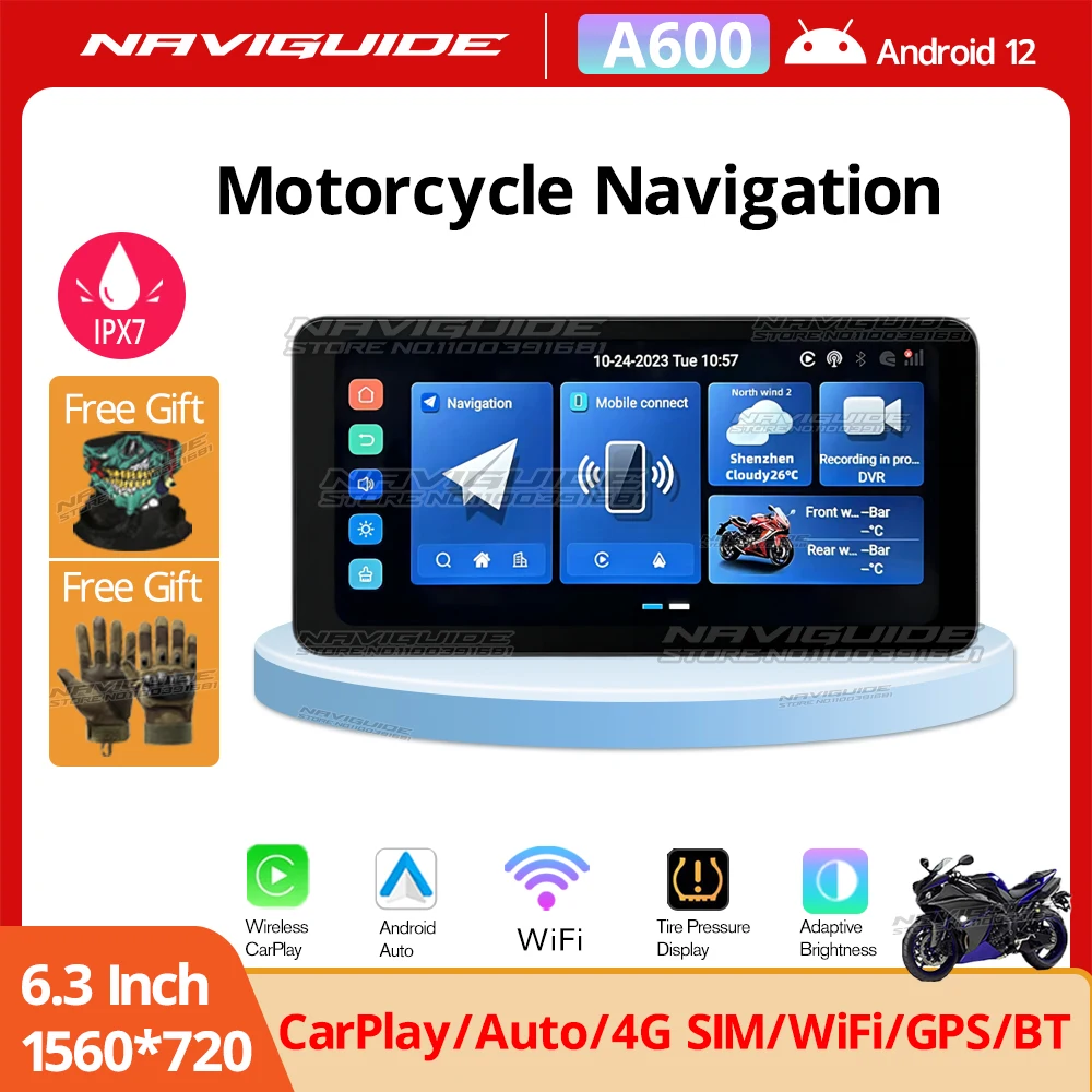 

NAVIGUIDE A600 6.3 Inch Android 12 Wireless CarPlay Motorcycle GPS Android Auto Screen Portable Moto Monitor Optional DVR TPMS