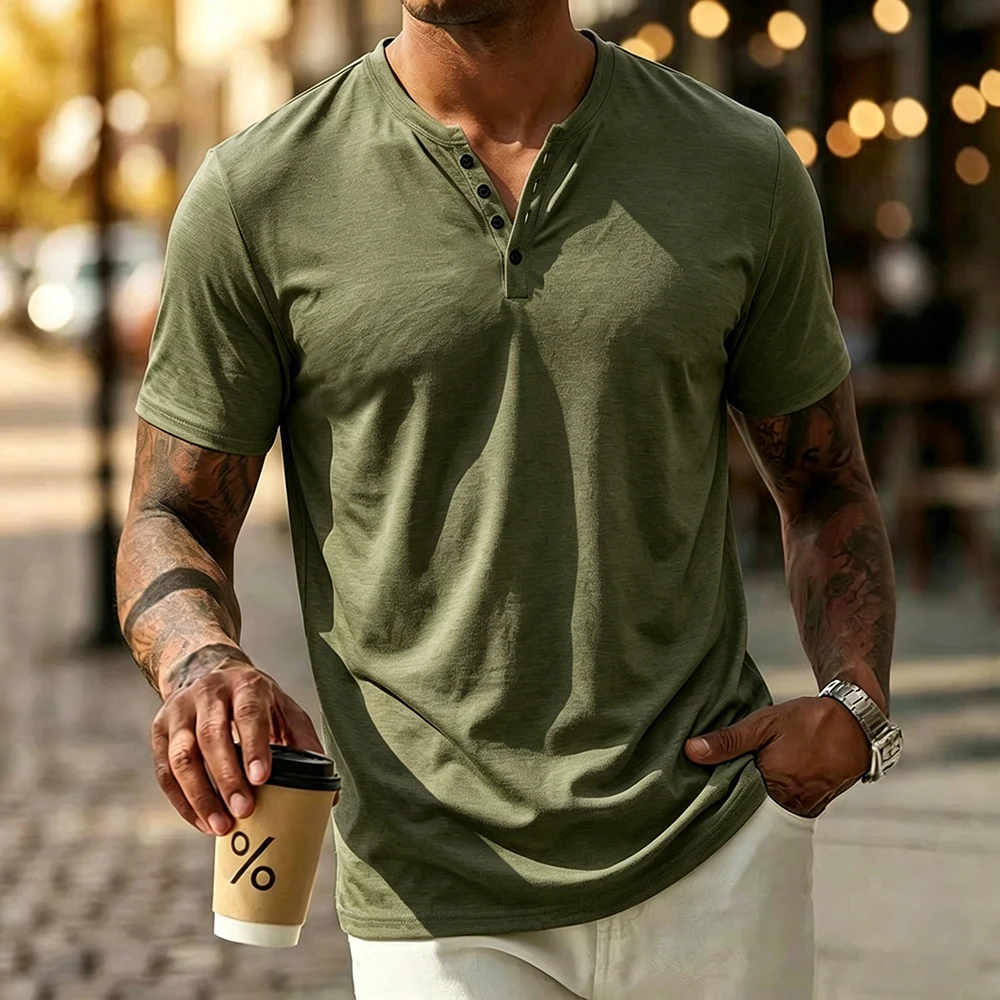 Sommer Herren Baumwoll-T-Shirt Einfarbig Atmungsaktiv Leicht Slim Fit Henley-Ausschnitt Kurzarm Lässige Oberteile Männliche Streetwear