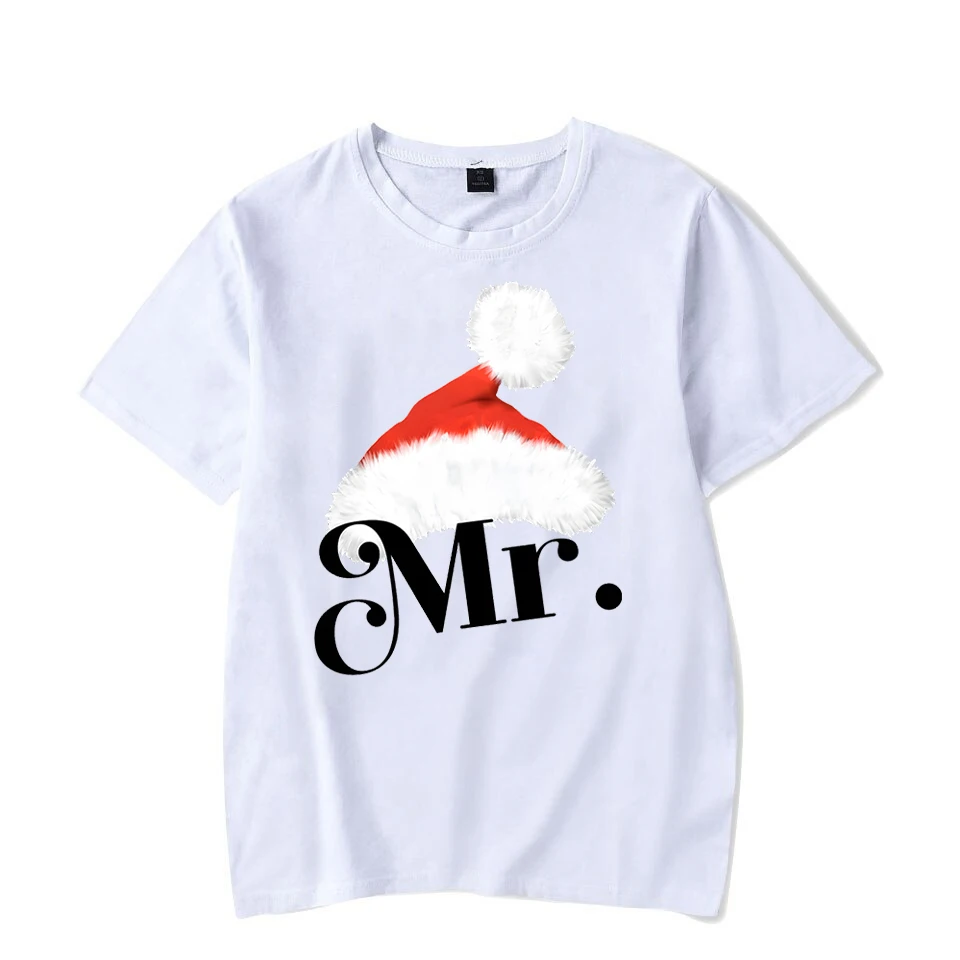 Matching Couples T-shirt Mr and Mrs Claus Santa Hat Tshirt Christmas Lovers Men Women T Shirts Christmas Party Couple\'s Clothing