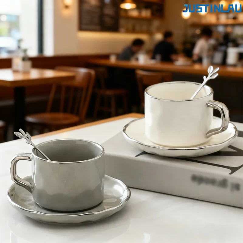 Juego de taza y platillo de café de cerámica con borde dorado de estilo europeo de 230ml, taza de té, taza Starbucks, taza bonita, juego de tazas de café Copo