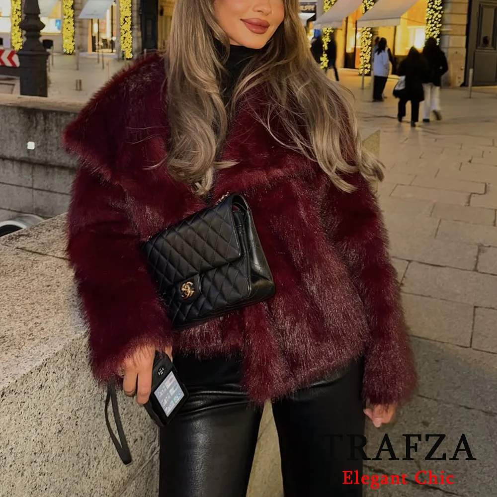 TRAFZA-Women Winter Ancora Red Solid Faux Fur Coat Jacket Big Lapel Coat New 2025 Autumn Winter Fashion Slouchy Burgundy Coat