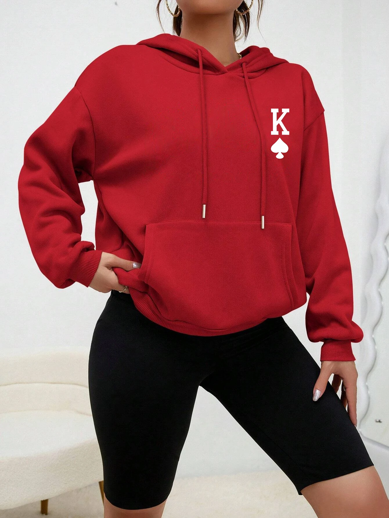 Poker K Simple Printed Hoodie For Women All-Match Fashion Streetwear Casual Hip Hop Sweatshirt Autumn Pocket Female Hoody