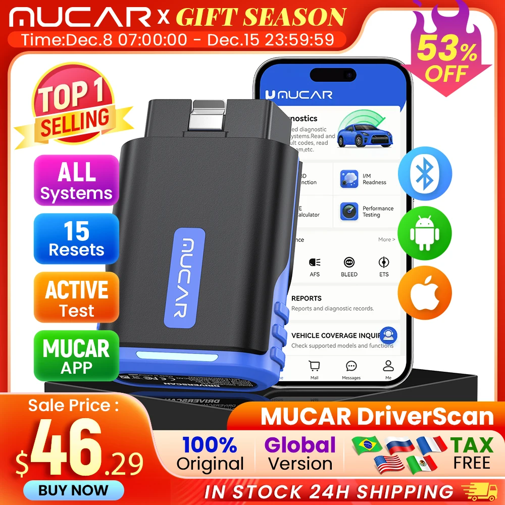 MUCAR DriverScan Bluetooth Scanner Car Diagnostic Tool OBD2 Scanner Active Test Full System 15 Reset Free Best Auto Code Reader