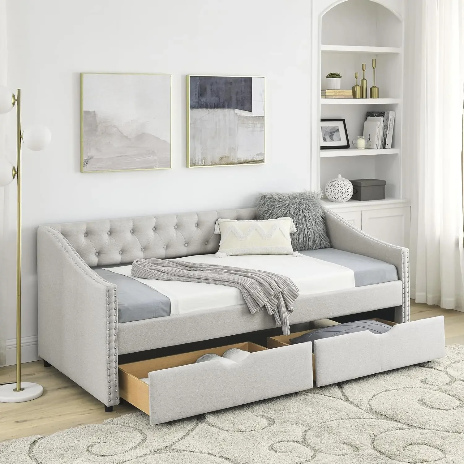 Twin Size Daybed with Two Storage Trundle Drawers, Solid Wooden Bed Frame w/Button Tufted Backrest