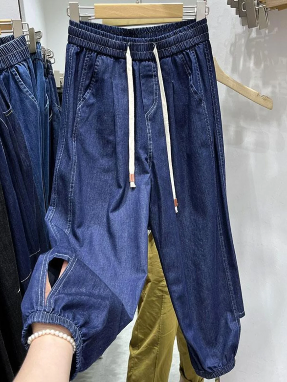 

Летние джинсовые брюки-харлан больших размеров с высокой талией, свободного кроя, утягивающие, с отворотами, длиной 7/8, для полных мужчин, повседневные