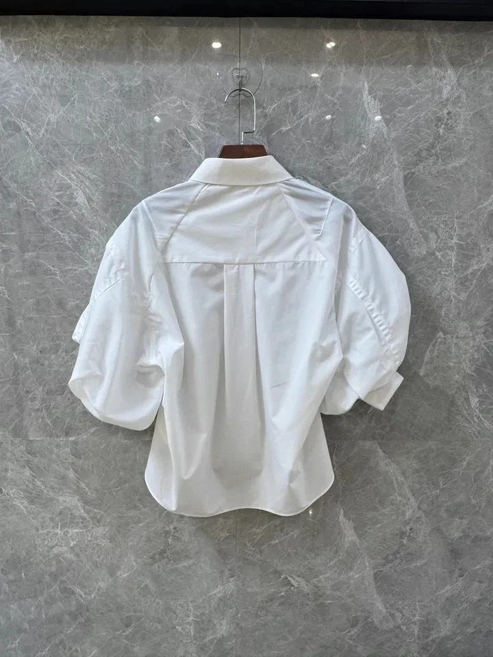 Women's shirt summer high quality patchwork Puff short sleeve Blouse tops for Female Clothes 2 color