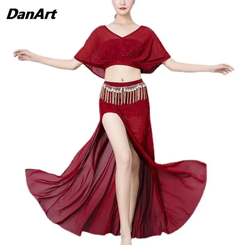 Women Stage Show Costum Set Performance Practice Suit Elegant Loose Cuffs Top+Split Skirt Large Size Clothing Classic Dress