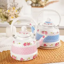 1.1L Pink Blue Rose Enamel Jug Tea Jug Wine Jug Fine Mouth Coffee Jug Induction Open Fire Universal Household Cooler Pot