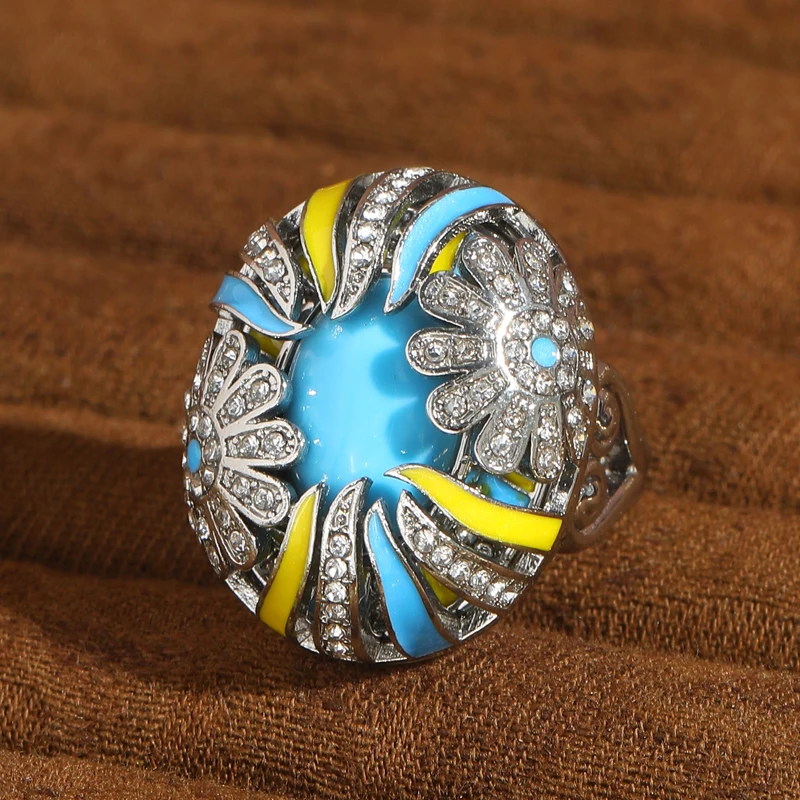 

Vintage Blue Stone Sunflower Rings For Woman Rhinestone Valentine Day Luxury Designer Jewelry Silver Color Accessories New In