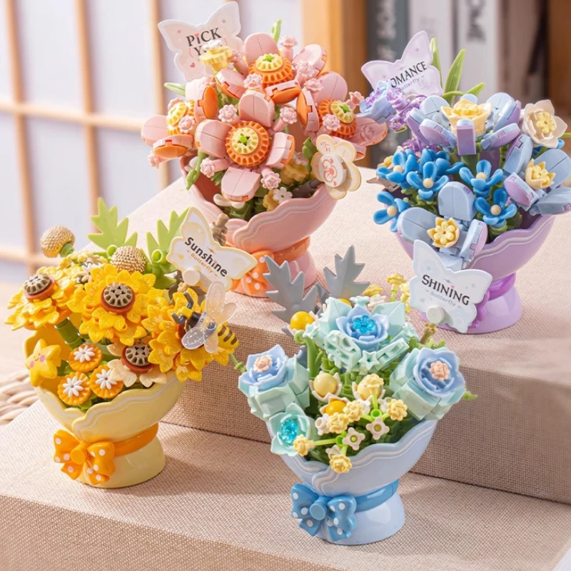 

Flower Bouquet Building Blocks Small Granule Assembling Toys Eternal Flower Sunflower Butterfly Model Ornaments Collection Gifts
