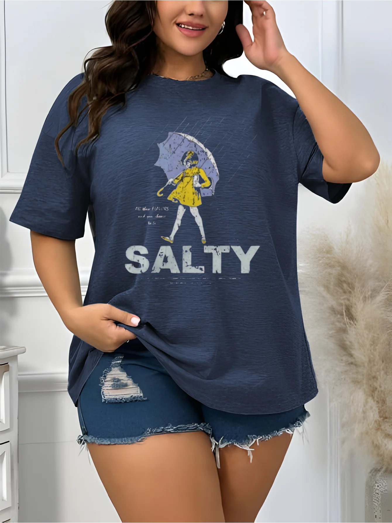 Camiseta Salty Rainy Day Umbrella para mujer - Gráfico de humor retro, top informal de estilo costero