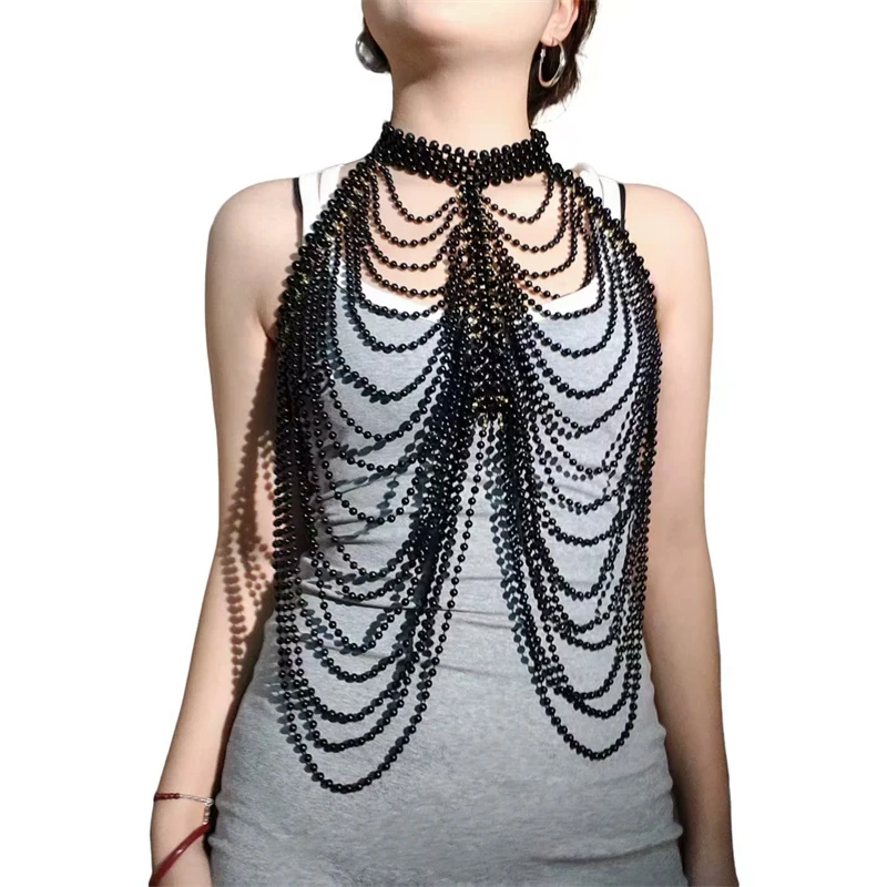 Unisex Halter Y2K Crop Top Perlen-Mehrschichtige Körperkette Sexy Kleidung für Männer Halskette Halloween Party Festival Vintage Übergroß – Detail 3