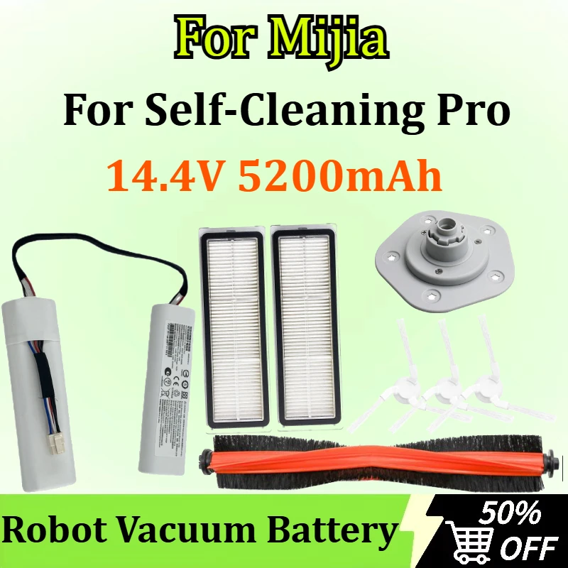 14.4V 5200mAh Replacement Battery for Mijia Self-Cleaning Pro Robot Vacuum with Side Brush/Filter/Rolling Brush/Mop Holder