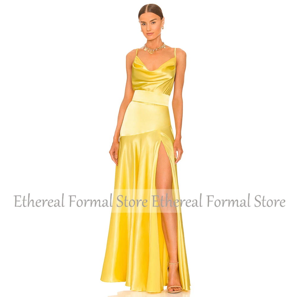 モダンなイエローの女性のイブニングドレススパゲッティストラップマーメイドイブニングドレス結婚式用ノースリーブスリットロングフォーマルパーティードレス