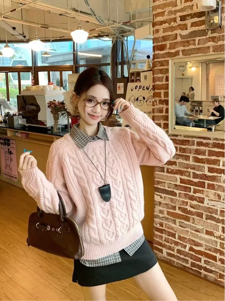 Loose Fit Women's Pink Twisted Knit Sweater Autumn Winter Lazy Sle Overhead Inner Wear Soft Comfortable Long Sve round Ne