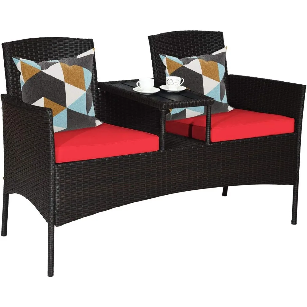 

Outdoor Rattan Loveseat, Patio Conversation Set with Cushions & Table, Modern Patented Wicker Sofa Set with Built-in Coffee Tab
