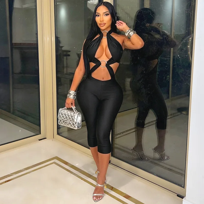 Metal Rings Hollow Out Halter Backless Skinny Calf Length Jumpsuits Women Sexy Fashion Sleeveless Booty Lifting Club Overalls