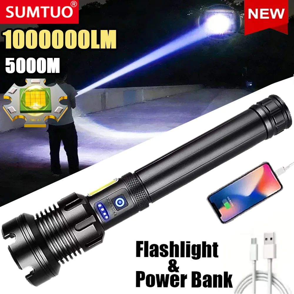 

1000000LM Most Powerful LED Flashlight Rechargeable Type-c Flashlight Long Range 5000M Tactical Torch Light For Camping Hunting