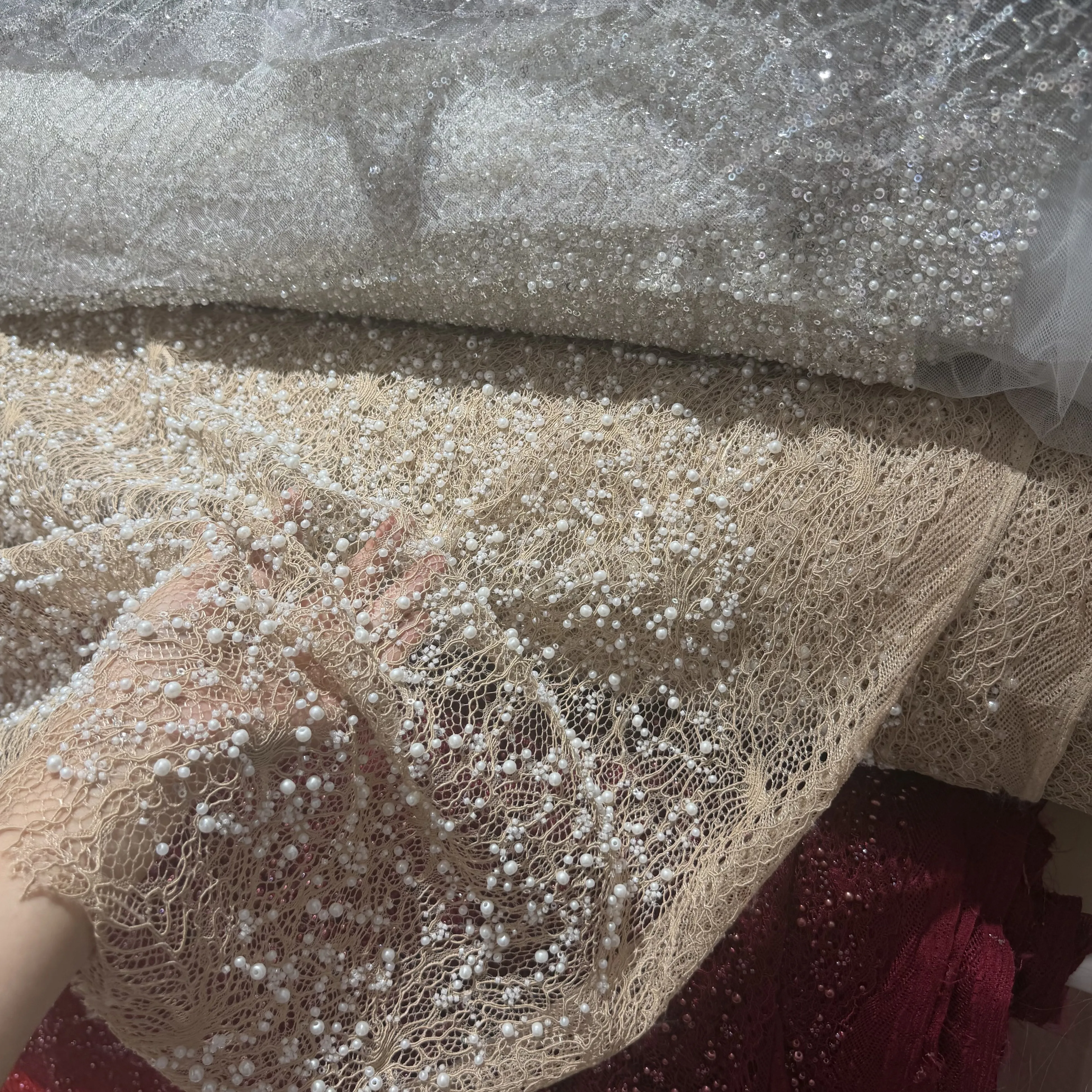 Pink Color Random Net Transparent Embroidered Pearl See-through Draping Fabric for Wedding Dress Lace Fabric