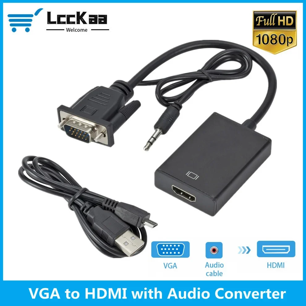 Konwerter kompatybilny z LccKaa 1080P VGA na HDMI Adapter z obsługą Audio do laptopa PC, aby projektor HDTV HDMI-kompatybilny z Adapter VGA