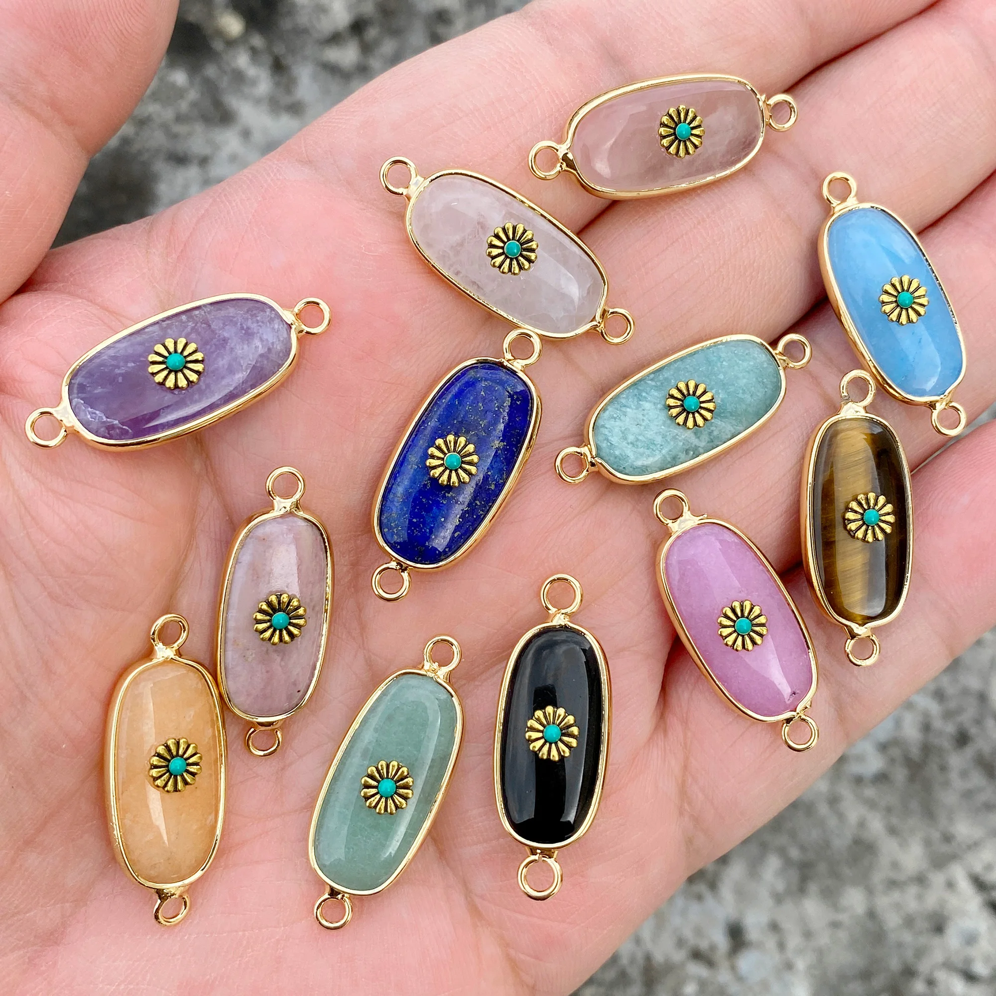 2pcs Natural Stone Pendant Connector Rose Quartz Amethyst Beads Pendant Charms for Making DIY Jewerly Bracelet Necklace 10x30mm