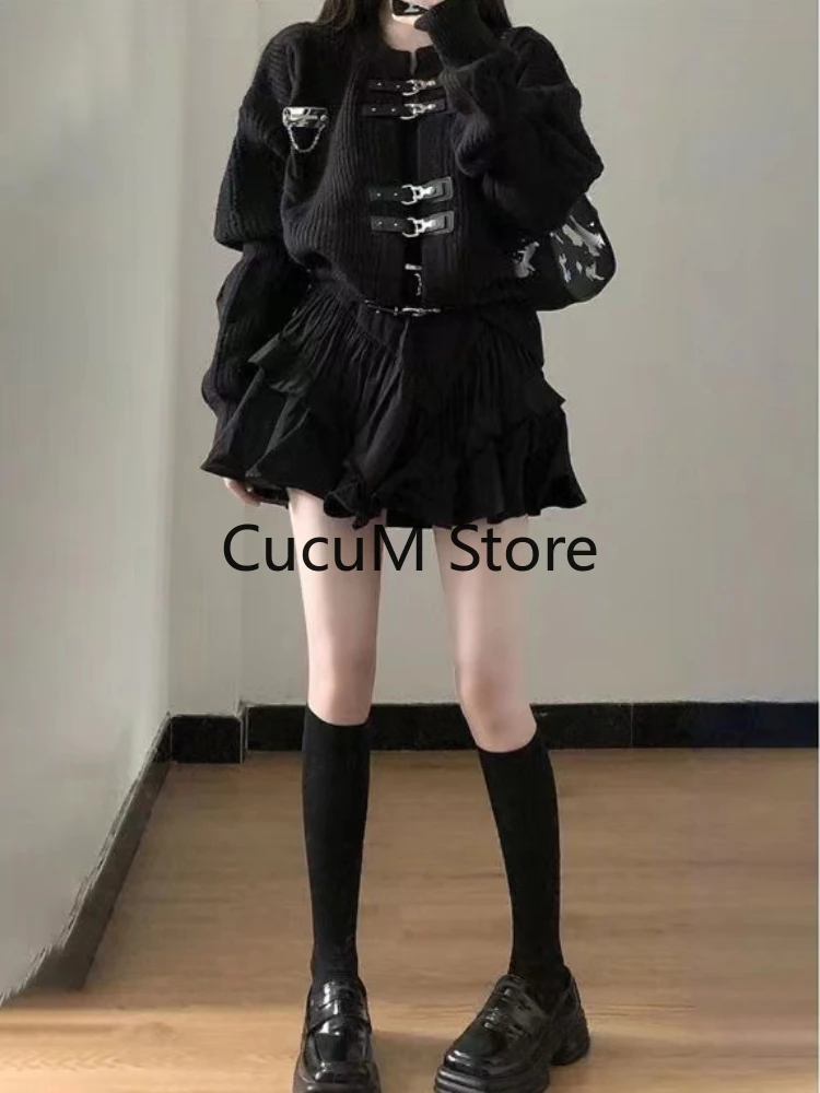 2023 Autumn Black Elegant Clothing Suit Casual Sweater Tops + Slim Y2k Mini Skirt Party Korean Fashion 2 Piece Skirt Set Woman