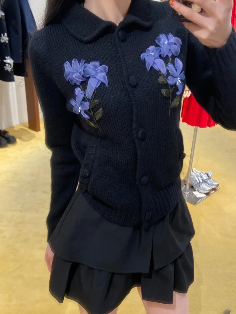 

Heavy-Work Version Christmas Limited Shushu Purple 3D Flower Embroidery Knitted Cardigan Women's Turn-down Collar Sweater