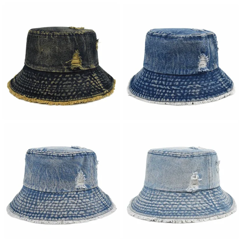 2021 Fashion Summer Washed Denim Sun Bucket Hats Panama Women Flat Top Caps Wide Brim Foldable Outdoor Anti-UV Beach Bonnet