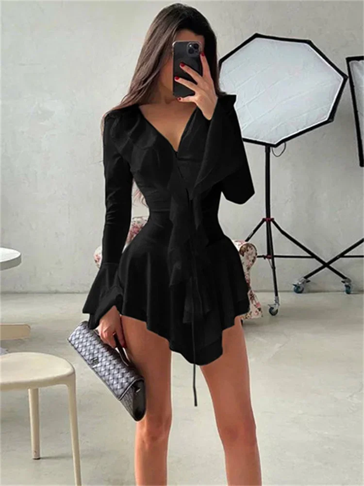 Frauen Herbst Kleid Mode Mini V-ausschnitt Hohe Taille Elegante Dünne Lange Ärmel Solide Rüschen Bodycon Damen Kleid