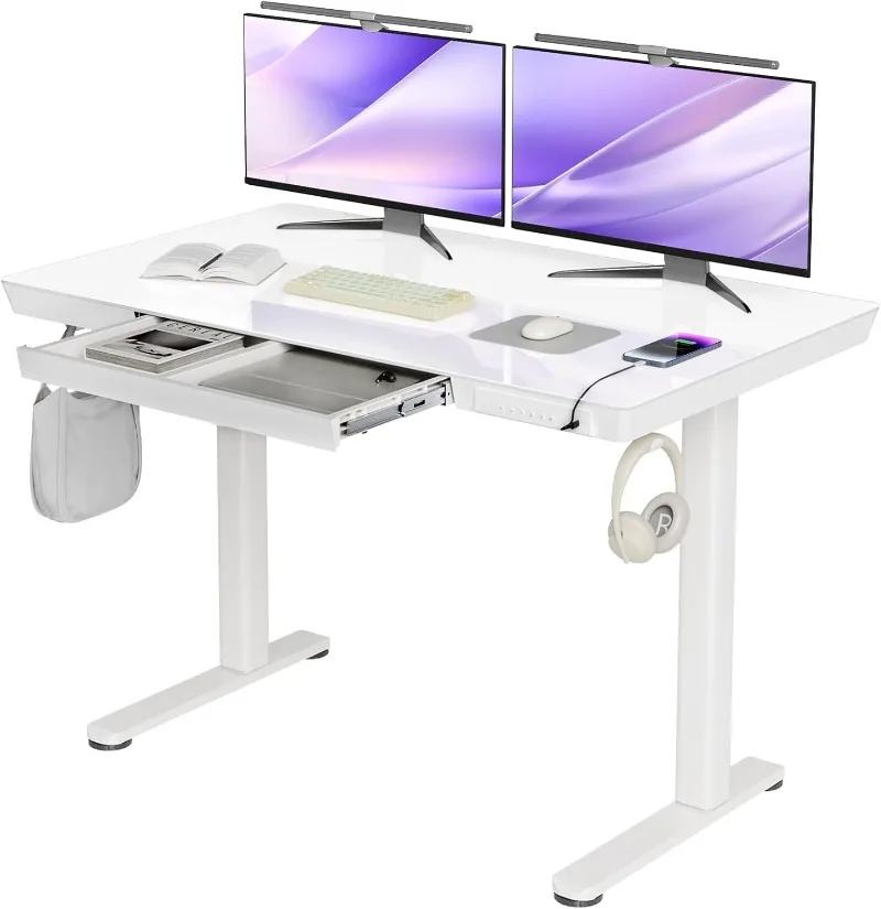 

Glass Standing Desk with Drawers, 48×24 Inch Adjustable Stand Up Desk, Quick Install Home Office Computer Desk with USB P