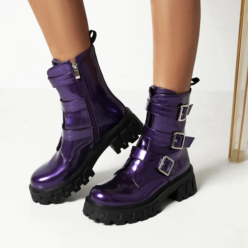 Black Purple Chunky Heels Motorcycle Buckle Boots Women Bottine Femme Patent Leather Flat Platform Thick Sole Ankle Boots Ladies