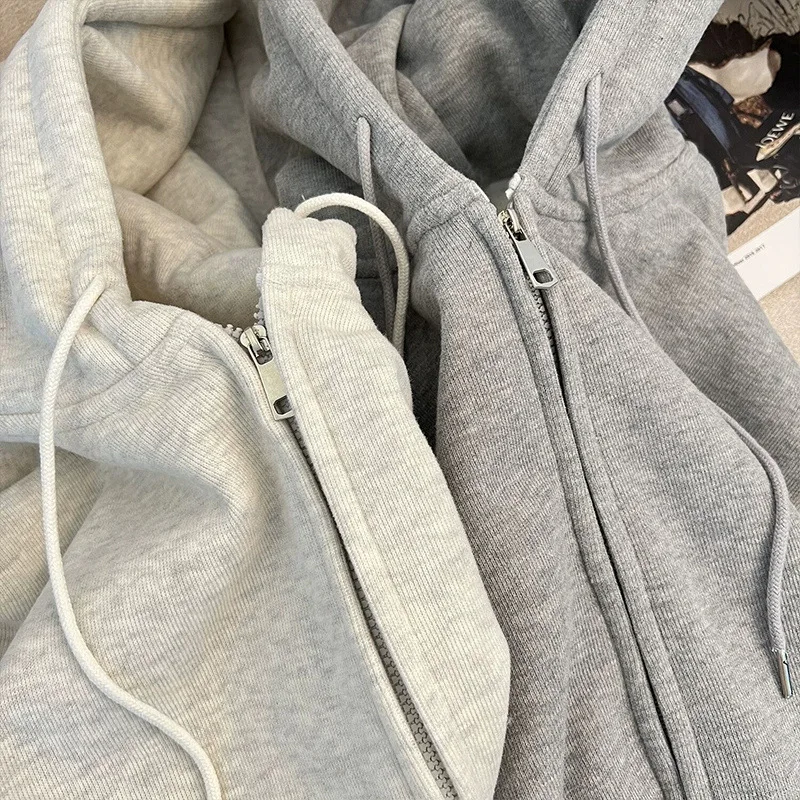 

One-Piece Dropshipping American Retro Solid Color Hooded Sweatshirt for Women, Spring and Autumn Fleece-Lined Loose Cardigan Top